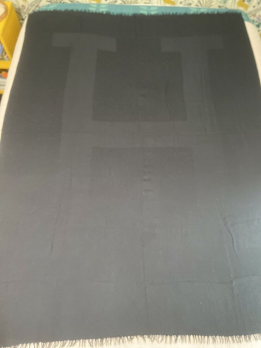 Hermes Cashmere Silk & Wool Large Blanket Shawl Throw Black Fringe 54x70 Large H - Picture 3 of 13